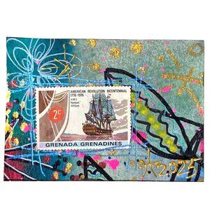 ACEO Original Art Acrylic Mixed Media 3D Paint 1976 Grenada Postage Stamp ATC